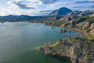 Aerial photo of Reservoir Alfonso XIII in mountains of Calaspara, Murcia, Spain