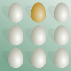 An abstract illustration featuring a group of white eggs with a long brown egg among them