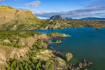 Fototapeta na wymiar Aerial photo of Reservoir Alfonso XIII in mountains of Calaspara, Murcia, Spain