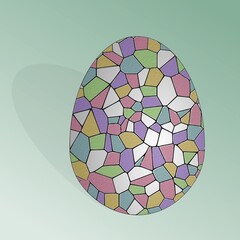 An abstract illustration featuring an Easter egg decorated with a mosaic of pastel shapes, on a green background