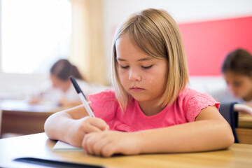Diligent elementary school student preteen girl studying with classmates, making notes of teacher lecture © JackF