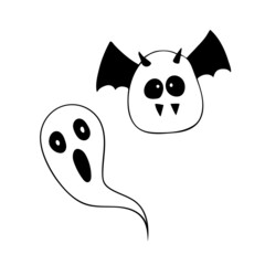Vector images of a bat and a ghost on a white background. Halloween. Hand drawing. Doodle