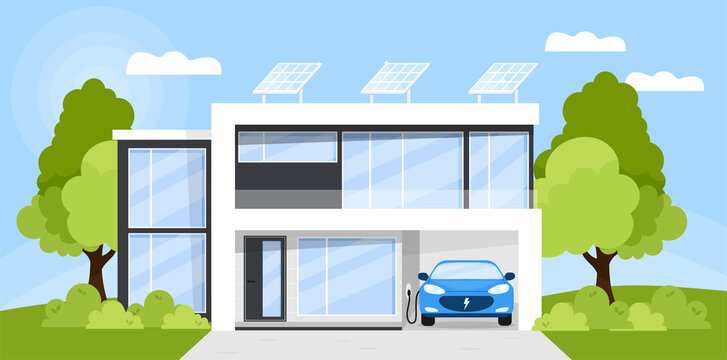 Eco friendly, smart house concept. Modern house  exterior with big windows, solar panels on the roof and electric car charger in the garage. Flat style vector illustration. Smart home front view.
