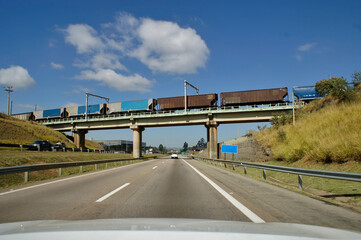 Logistic freight train over the bridge.  