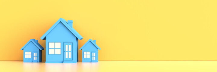 Blue house on yellow background with empty copy space on right side. Hunting and searching concept. 3D Rendering