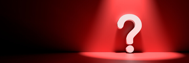 White question mark on dark red background with empty copy space on left side, FAQ Concept. 3D Rendering - obrazy, fototapety, plakaty