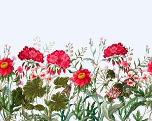 Border with geraniums and wild flowers. Trendy floral vector print. - obrazy, fototapety, plakaty