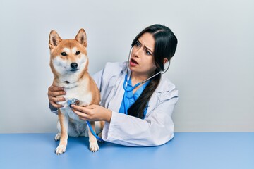 Beautiful hispanic veterinarian woman checking dog health in shock face, looking skeptical and...