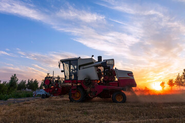 The combine is harvesting the wheat in the evening
