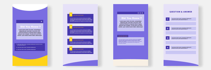 Social media faq, question, answer stories banner layout template with geometric shape background and bubble message design element in purple yellow white color - obrazy, fototapety, plakaty