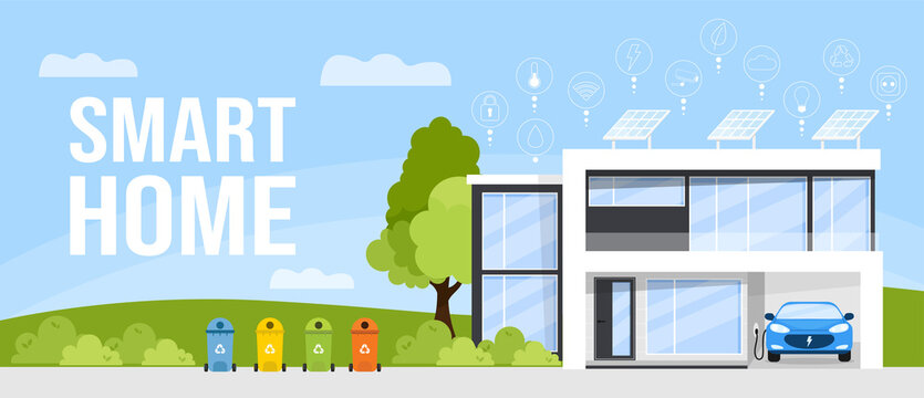 Eco friendly, smart house concept. Modern house  exterior with solar panels on the roof and electric car charger in the garage. Flat style vector illustration. Smart home front view. Web banner

