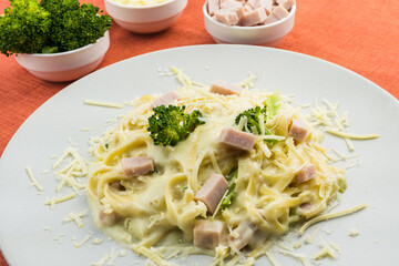 Delicious Fettuccine with white sauce, broccoli, turkey breast cubes and grated cheese. Selective focus.