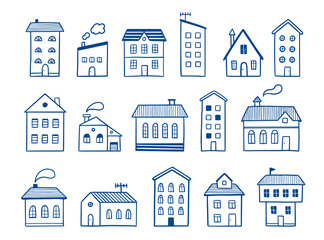 Fototapeta premium House doodle set. Hand drawn sketch style. House building with roof. Vector illustration for home icon, village, city element.