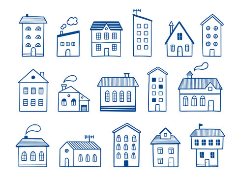House doodle set. Hand drawn sketch style. House building with roof. Vector illustration for home icon, village, city element.