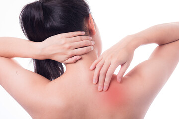 Asian woman with shoulder pain. woman is enduring awful ache. shoulder pain from sports. Young lady with shoulder pain