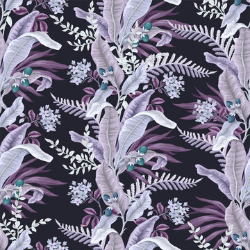 Seamless pattern with light tropical leaves and flowers. Trendy textile print. © Yumeee