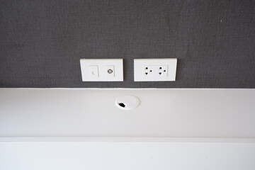 Electric wall plug socket, antenna cable and internet.
