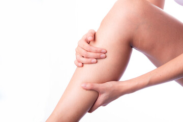 Asian woman with leg or foot pain . Woman is suffering immense pain. finger pain from sports