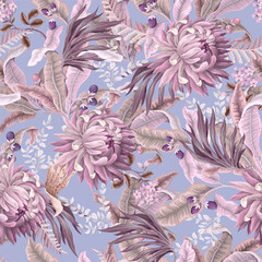 Seamless pattern with light tropical leaves and flowers. Trendy textile print.