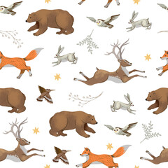 Christmas seamless pattern with trees and animals. Vector holiday background for print.