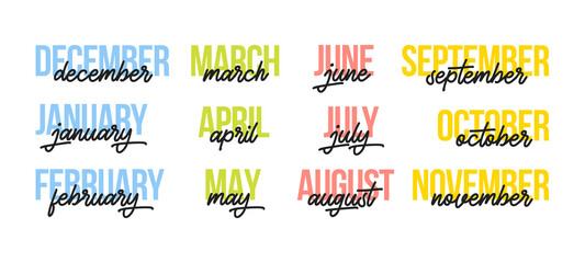 12 month. lettering months of the year. Vector illustration - obrazy, fototapety, plakaty