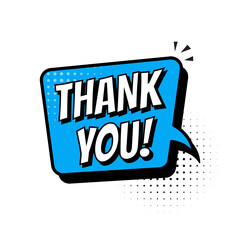 Retro comic speech bubble with colorful halftone shadow on blue pattern. Expression text THANK YOU. Vector