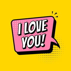 I love you. Vector image. LOVE Happy Valentines day card. Comic elements and patterns, phras. Clouds for explosions like boom. Pop-art