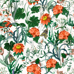 Seamless pattern with geraniums, insects and wild flowers. Trendy floral vector print.