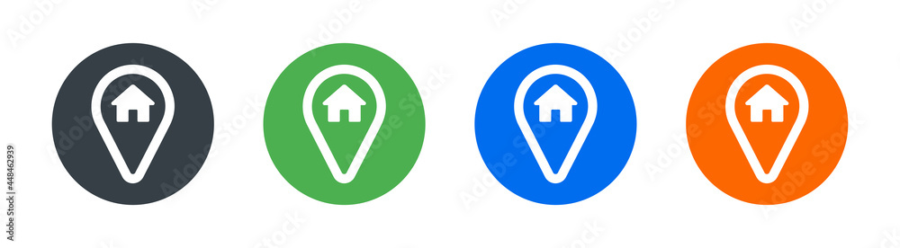 Poster Map pointer with house icon on circle design. Home location marker symbol. Set icons colorful. Vector Illustration