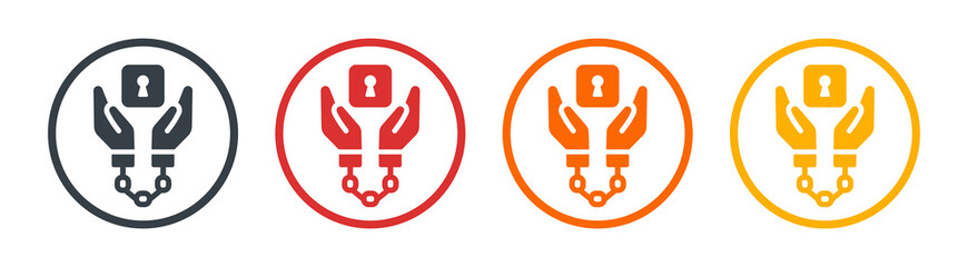 Handcuffed hand icon set. Prisoner symbol vector on round design.