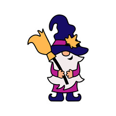 Halloween gnome, witch gnome with broom on white background. Vector illustration.