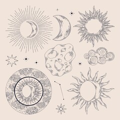 Celestial illustrations. Vector set. Hand drawing. Illustration for design