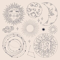 Celestial illustrations. Vector set. Hand drawing. Illustration for design