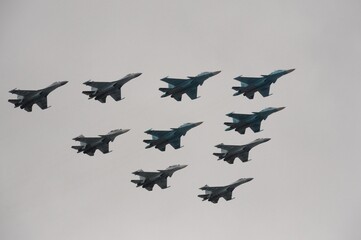 A tactical wing consisting of a group of SU-34, SU-30SM and SU-35 fighters in the sky over Moscow's...