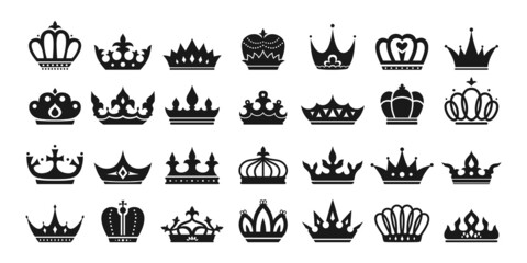 Royal crown sign heraldic silhouette black set. King crowns, majestic coronet and luxury tiara icon. Queens or princess jewelry hat insignia. Monochrome logo emblem vintage antique emperor symbols