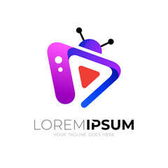 Media logo with play design illustration, 3d colorful