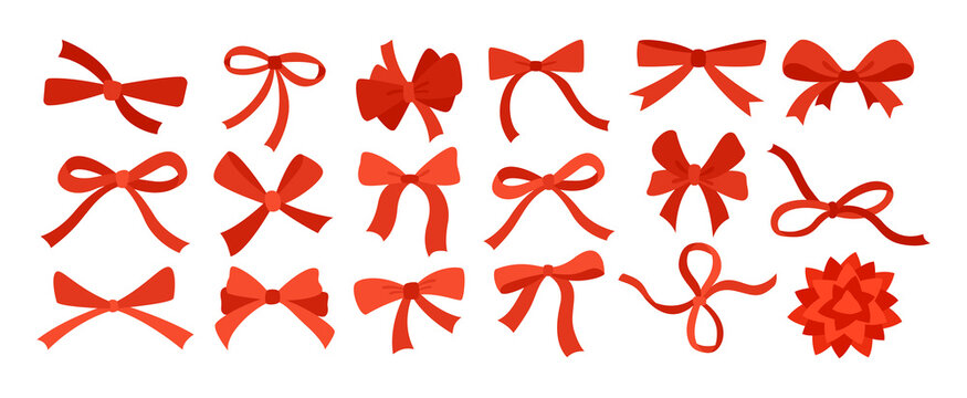 Bow ribbon red cartoon flat set. Festive decoration, packaging, invitation elements for sale shopping Birthday Party, Valentine Day or Wedding design. Holiday anniversary surprise gift symbol