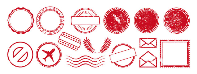 Postal Stamp frame grunge empty red set. Banners vintage icon border postmark pack. Texture blank imprints stamps. Document and package, letter insignia collection round and square stamp symbol label