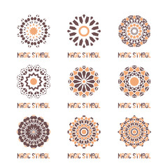 Circular mosaic emblems set. Decorative signs with geometric ornaments. Vector template for logo design
