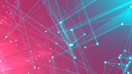 Abstract pink green polygon tech network with connect technology background. Abstract dots and lines texture background. 3d rendering.
