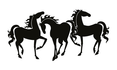 Three Standing Horses. Black silhouettes. Vector illustration on white background.