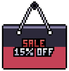 Pixel art discount and sale tag 15% OFF black friday 8bit game item on white background
