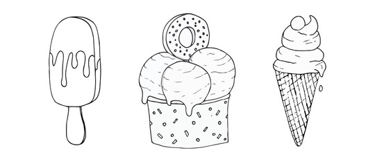 doodle illustration sweet ldessert ice cream black on white beautiful juicy line art icon