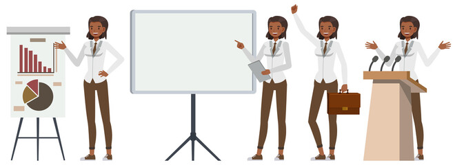 Businesswoman working in office character vector design. Presentation in various action.