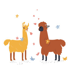 A pair of animals is a brown alpaca and a honey graceful llama with flowers. Vector cartoon illustration on a white background for a postcard, card, invitation, children's room, gifts