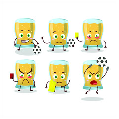 Glass of cider cartoon character working as a Football referee. Vector illustration