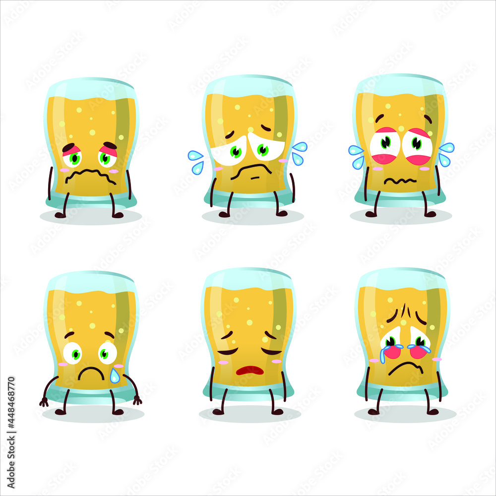 Poster glass of cider cartoon character with sad expression. vector illustration