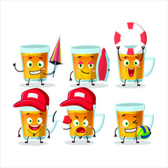 Happy Face glass of tea cartoon character playing on a beach. Vector illustration