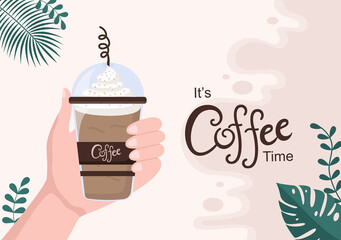 Coffee Cup Background Vector Flat Illustration With Cacao Beans, Grains and Jug. Suitable For Cold Or Hot Drinks