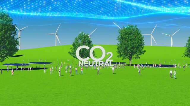 爽やかな草原に建つ立体的なシンボルと回転する風力発電の風車 / 脱炭素社会・カーボンニュートラル・再生可能エネルギー・サステナブルのコンセプトイメージ / ドローン空撮風の3Dモーショングラフィックス